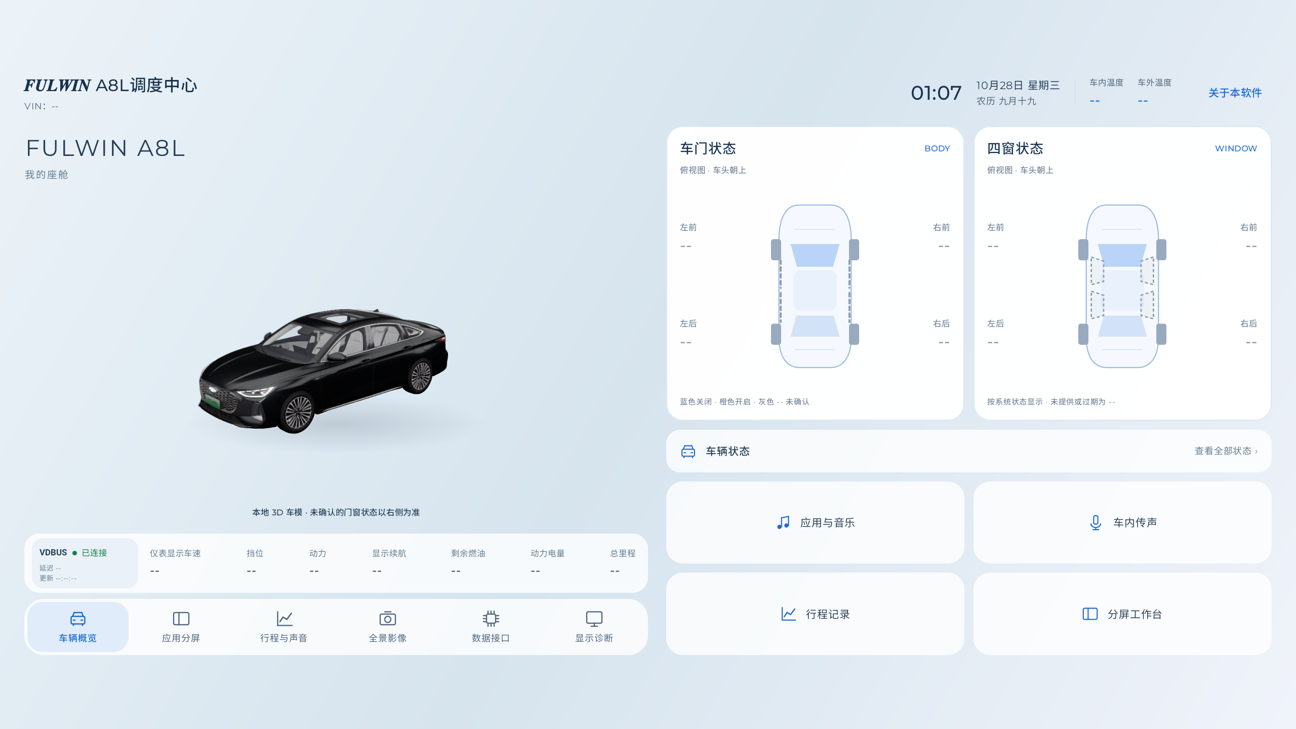 最新版调度中心在OEM模拟器中的实际运行截图:黑色A8L原生3D车模、车门车窗面板和底部导航;缺失车辆读数显示为横线